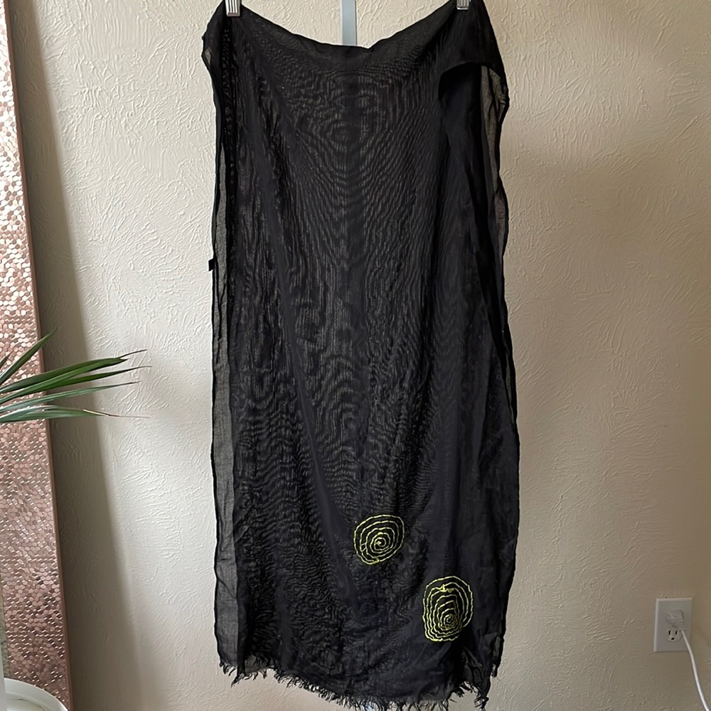 Beautiful black embroidered viscose long thin scarf